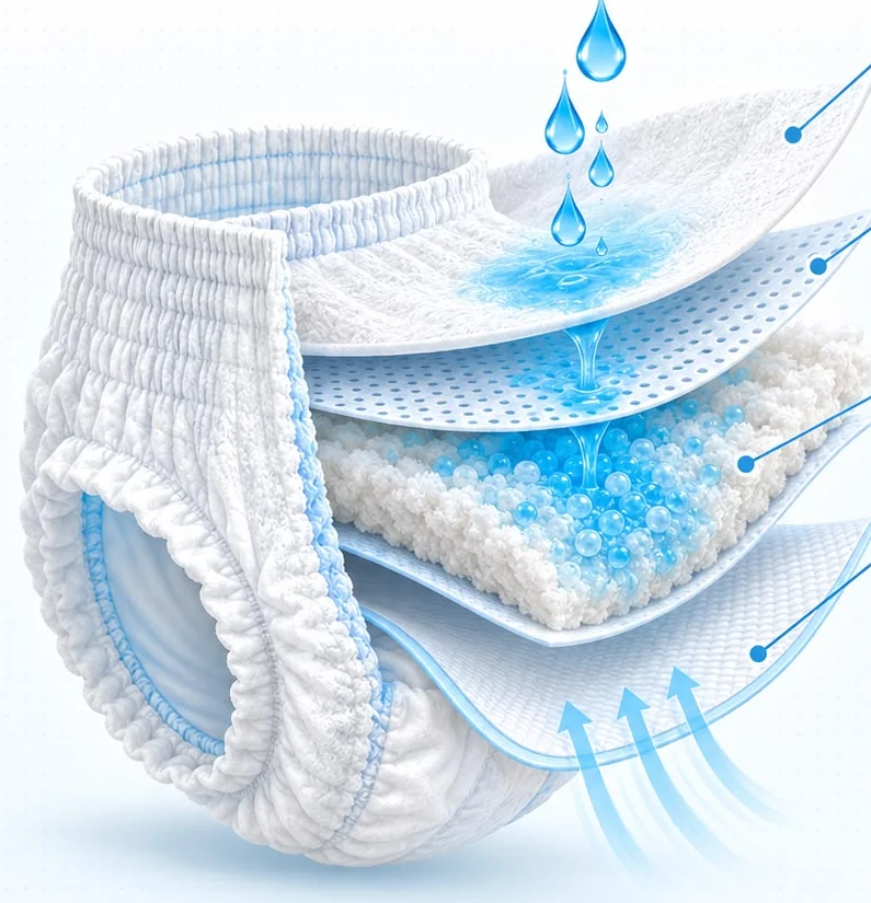 Cut-away of the baby pants showing four layers absorbing liquid