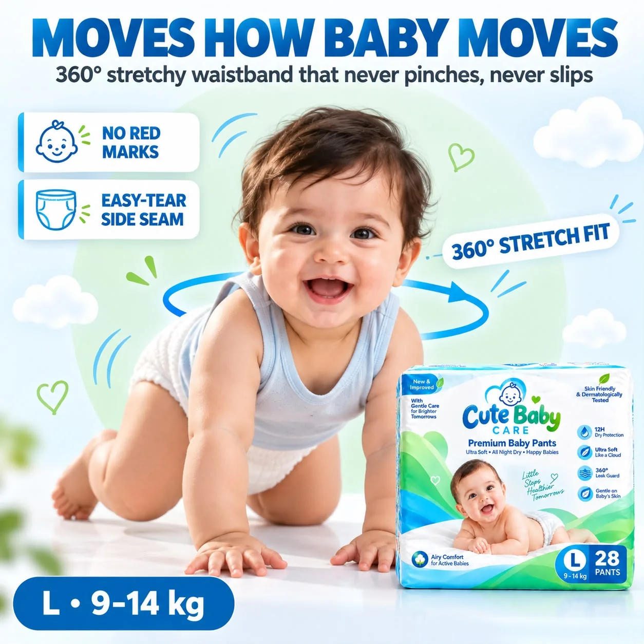 Smiling baby crawling in baby pants