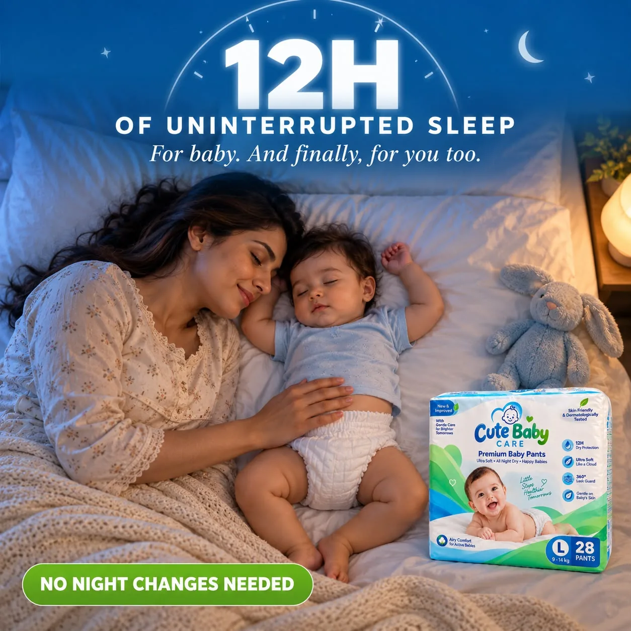 Mother and baby sleeping peacefully at night next to a Cute Baby Care pack