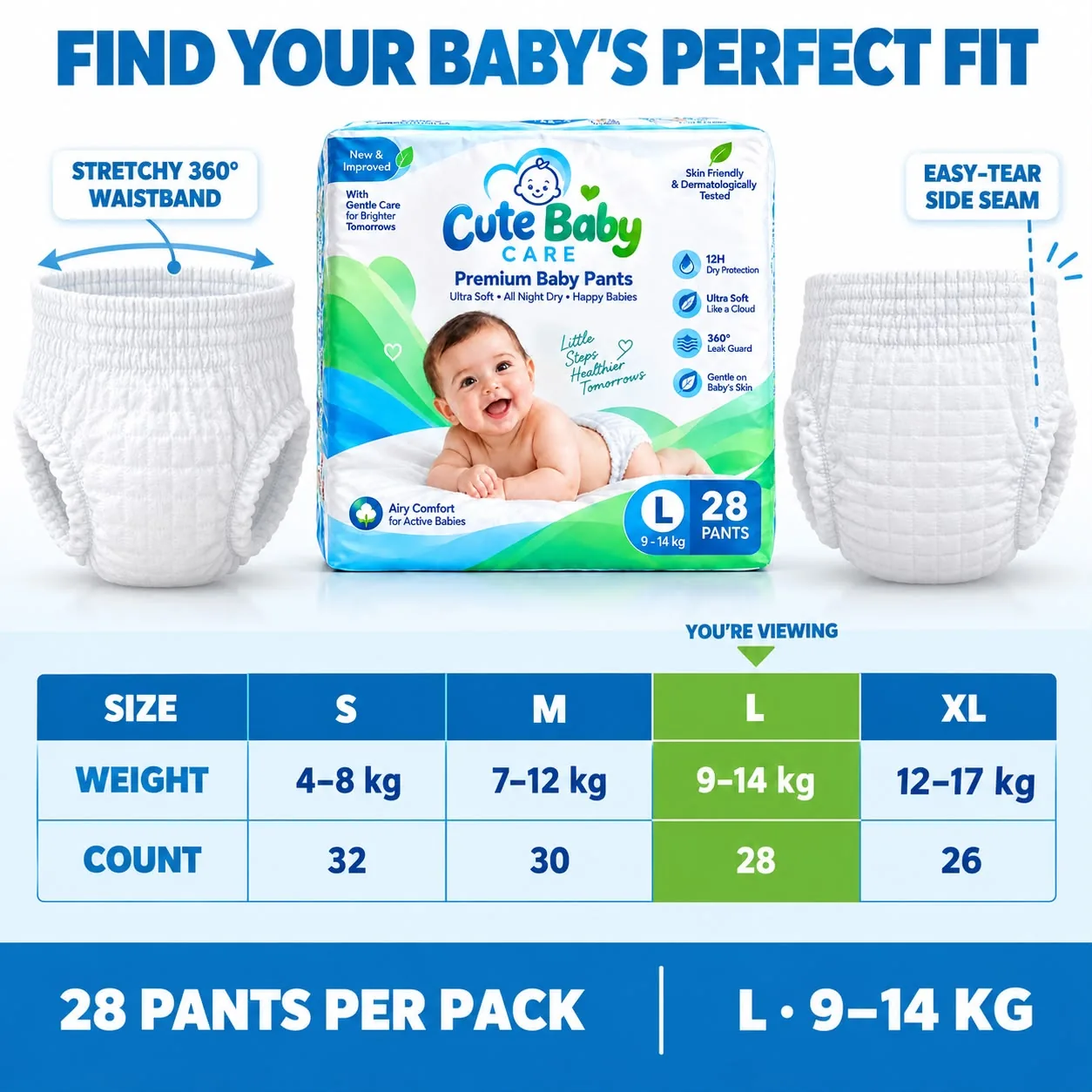 Cute Baby Care size chart from S to XL