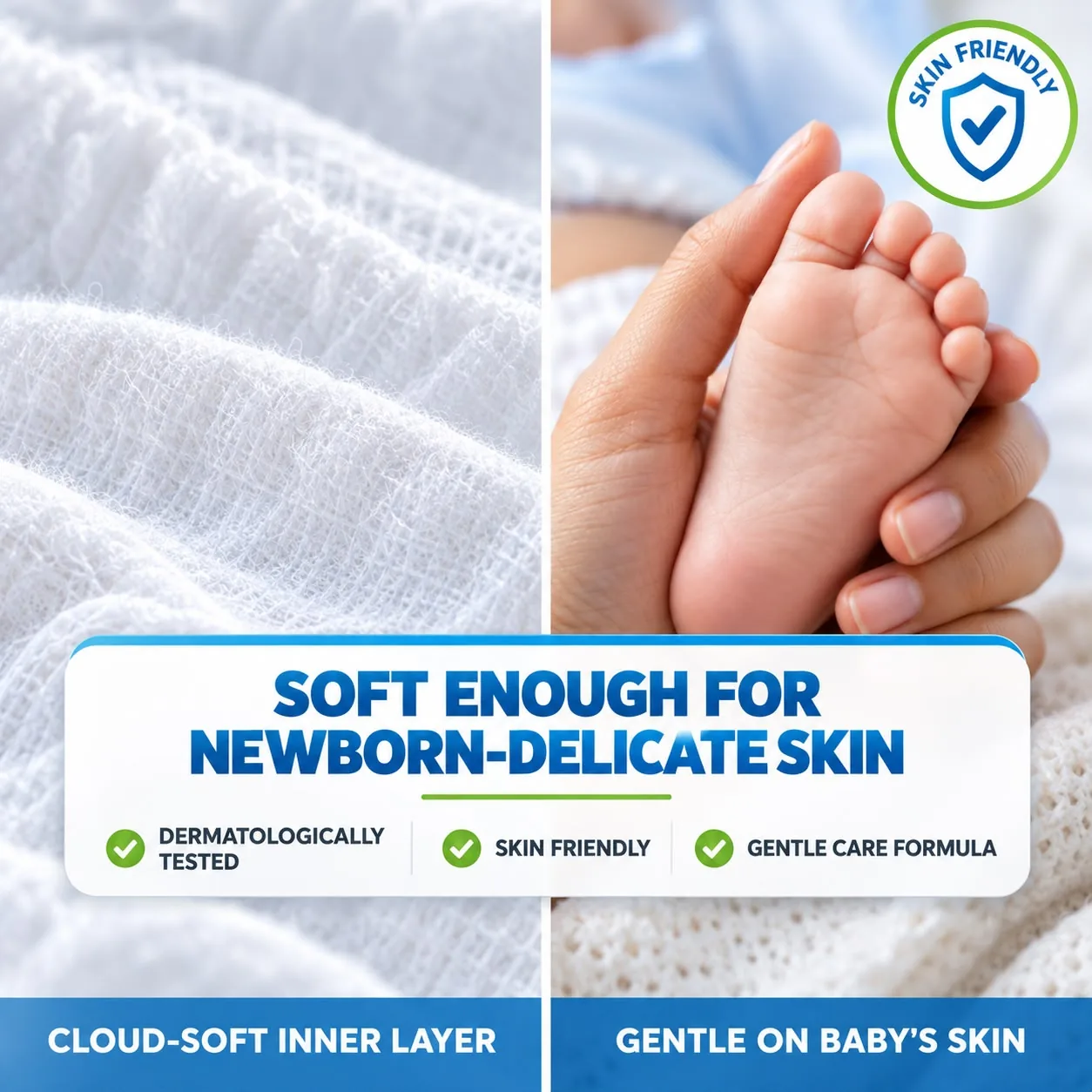 Soft fabric next to a baby's foot held in a parent's hand